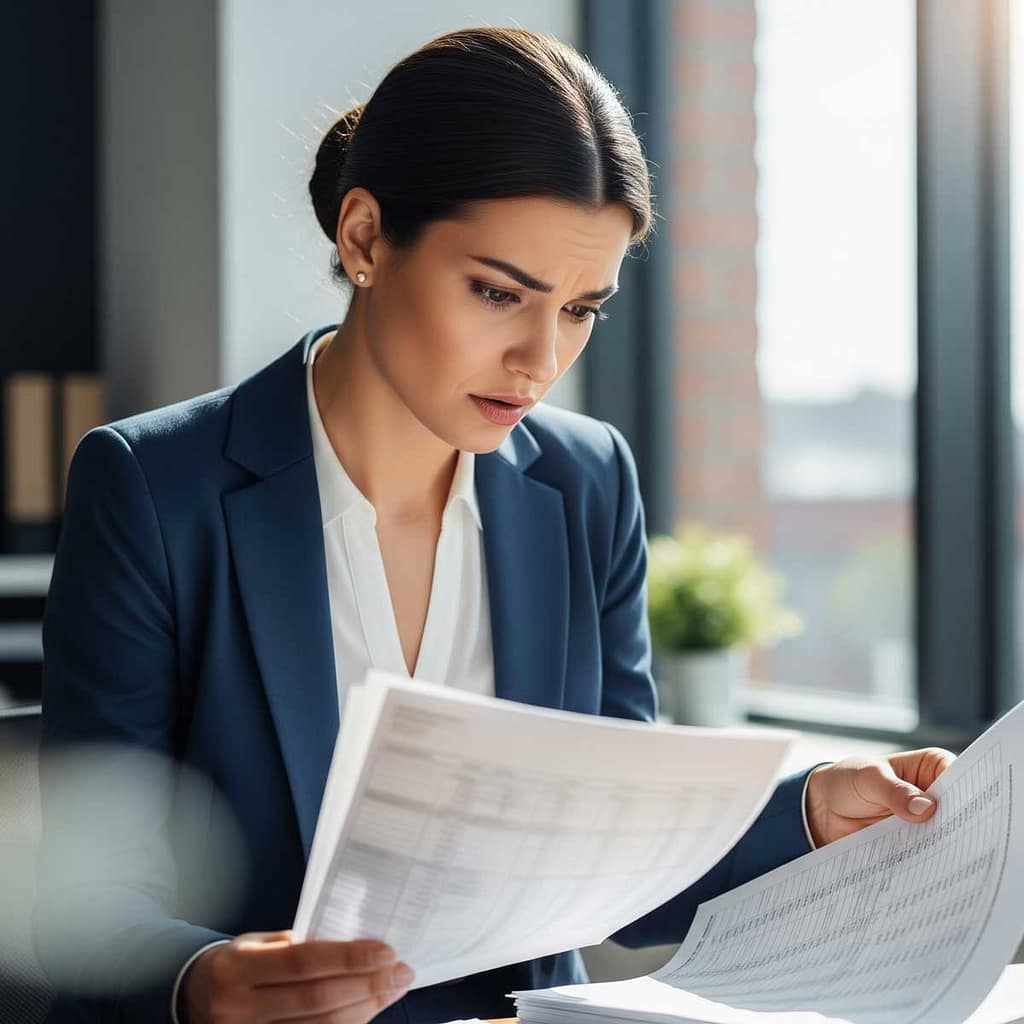 Mujer auditora examinando documentos financieros con expresión de preocupación, representando los errores comunes en auditorías contables.