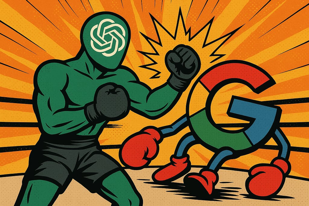 Ilustración estilo cómic de ChatGPT boxeando con Google, representando sus diferencias de uso en empresas