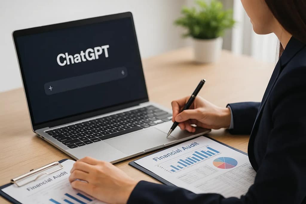 Profesional usando ChatGPT en auditoría financiera desde su portátil