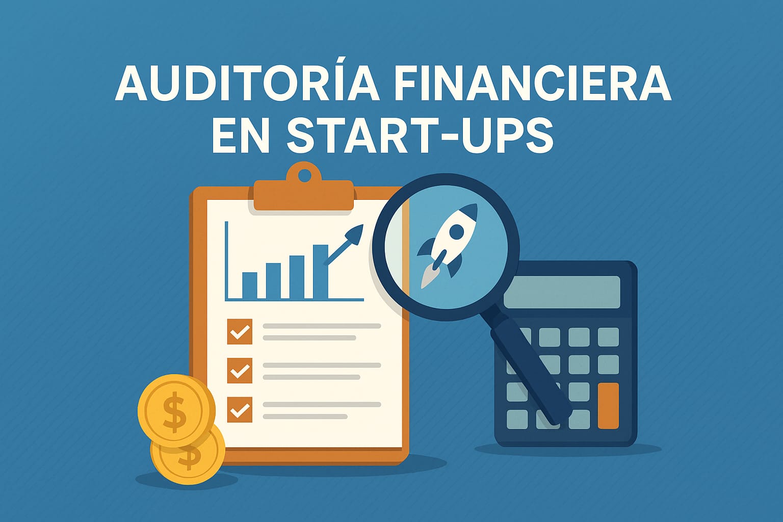 Ilustración sobre auditoría financiera en start-ups con gráfica, lupa, calculadora y cohete