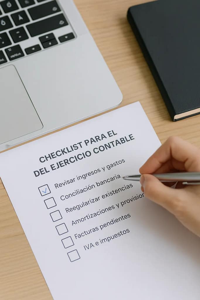 Checklist para el cierre del ejercicio contable con una mano marcando tareas en un listado impreso sobre un escritorio con portátil y libreta.