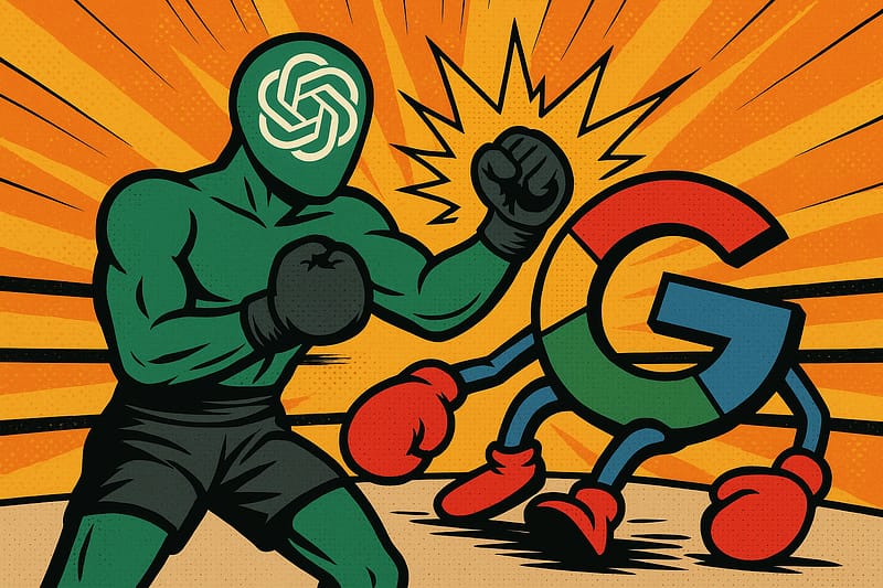 Ilustración estilo cómic de ChatGPT boxeando con Google, representando sus diferencias de uso en empresas
