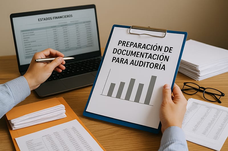 Persona organizando documentación contable para una auditoría financiera con ordenador, gráficos y papeles