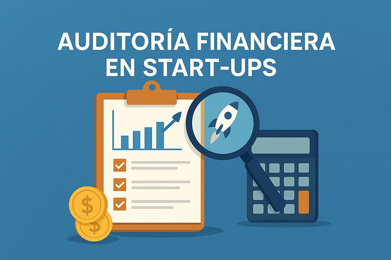 Ilustración sobre auditoría financiera en start-ups con gráfica, lupa, calculadora y cohete