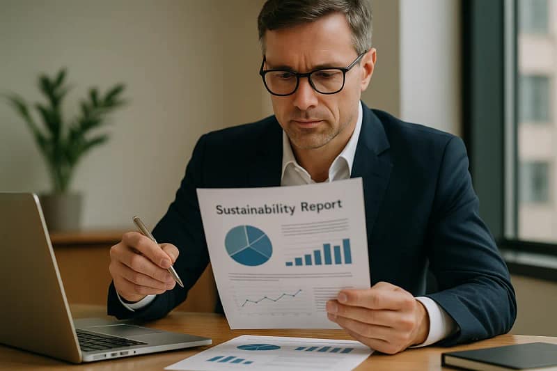 Empresario revisando informe de sostenibilidad con gráficos y datos ESG en oficina moderna
