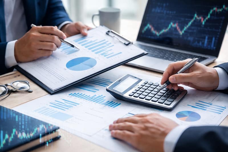 Reunión de auditoría financiera con revisión de informes y cálculo de ratios para análisis bancario y financiación empresarial