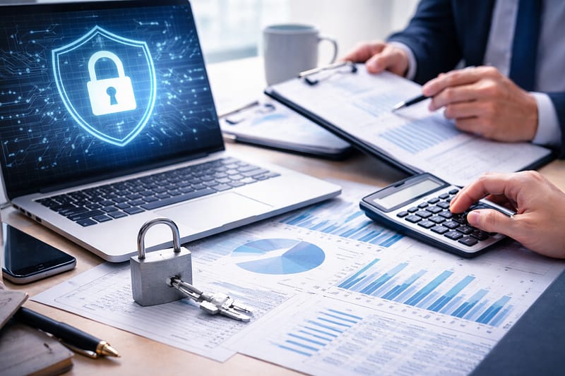 Portátil con símbolo de seguridad y documentos contables en una auditoría financiera orientada a ciberseguridad
