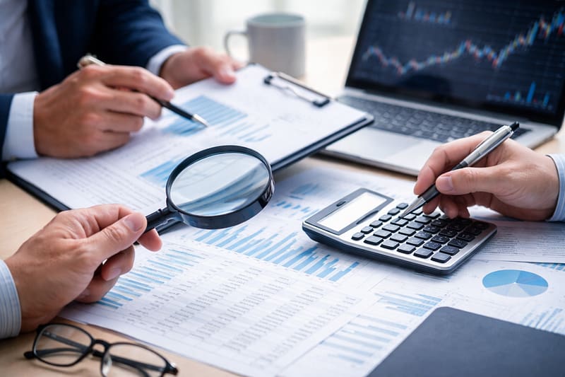 Auditor revisando documentación y estados financieros durante una auditoría financiera en una empresa