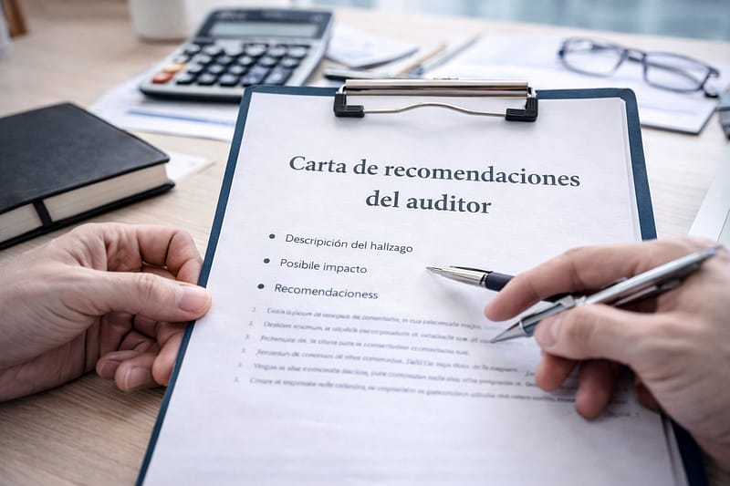 Auditor explicando a una empresa la carta de recomendaciones con observaciones del control interno