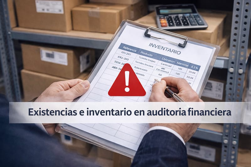 Inventario organizado en almacén con listado y caja registradora, como parte de una auditoría financiera