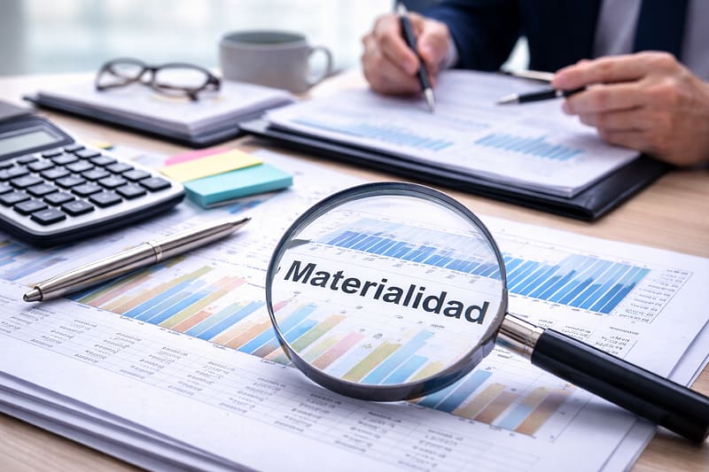 Lupa sobre informe financiero para explicar la materialidad en auditoría financiera y su impacto en la revisión de cuentas