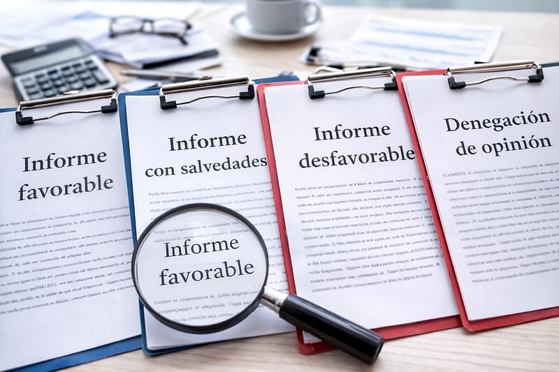 Informes de auditoría con lupa resaltando tipo de opinión favorable, sobre escritorio con material contable y carpetas