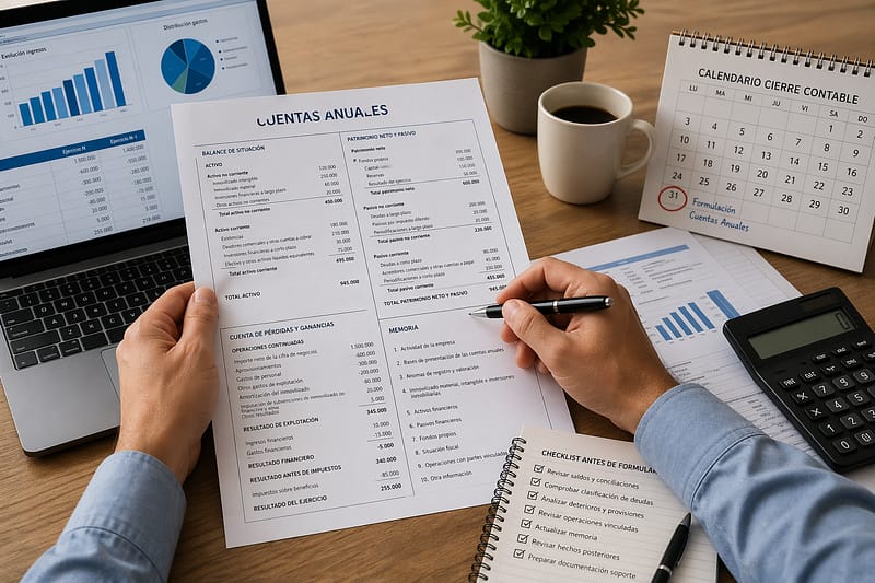 Revisión de cuentas anuales antes de su formulación con documentos financieros, calendario de cierre contable y checklist