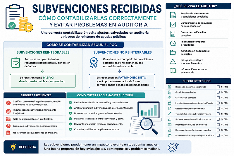 Infografía sobre contabilización correcta de subvenciones recibidas y revisión en auditoría financiera