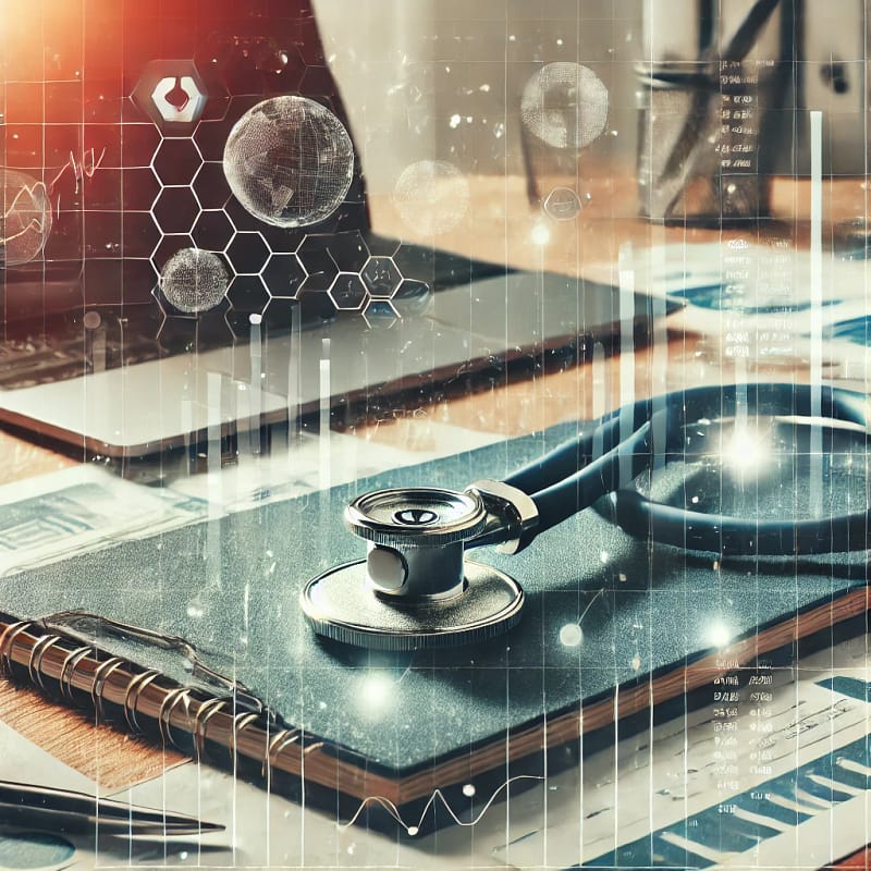 Estetoscopio sobre documentos financieros y gráficos junto a un ordenador en un escritorio moderno, simbolizando un chequeo de salud financiera para empresas