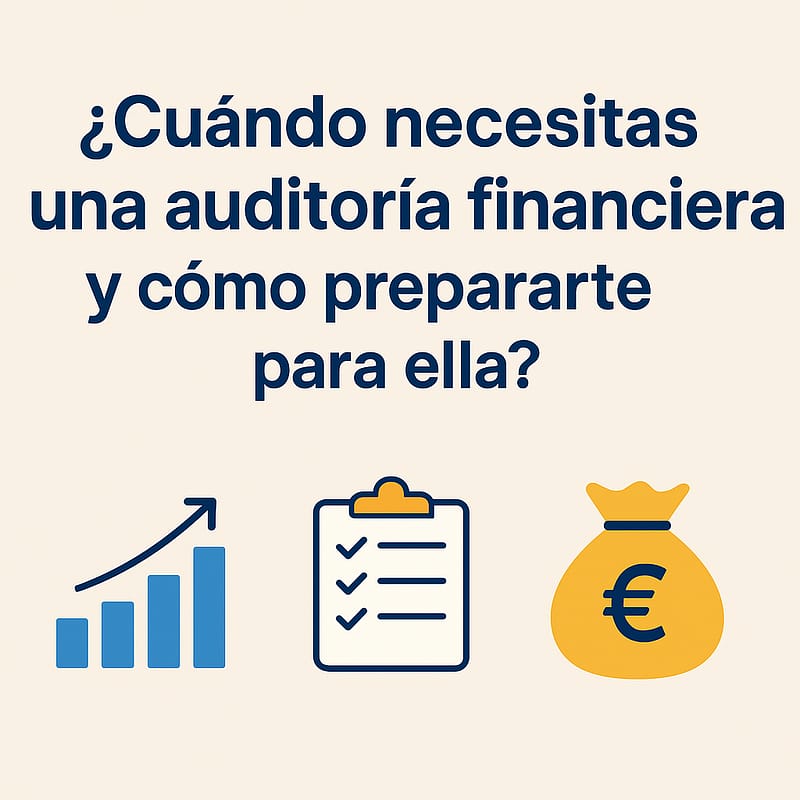 Imagen conceptual sobre cuándo necesitas una auditoría financiera, con iconos de calendario, lista de verificación y lupa sobre documento financiero.