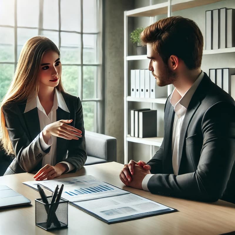 Reunión entre auditor financiero y cliente en una oficina moderna, analizando un informe de auditoría. Imagen que refleja confianza y profesionalidad.